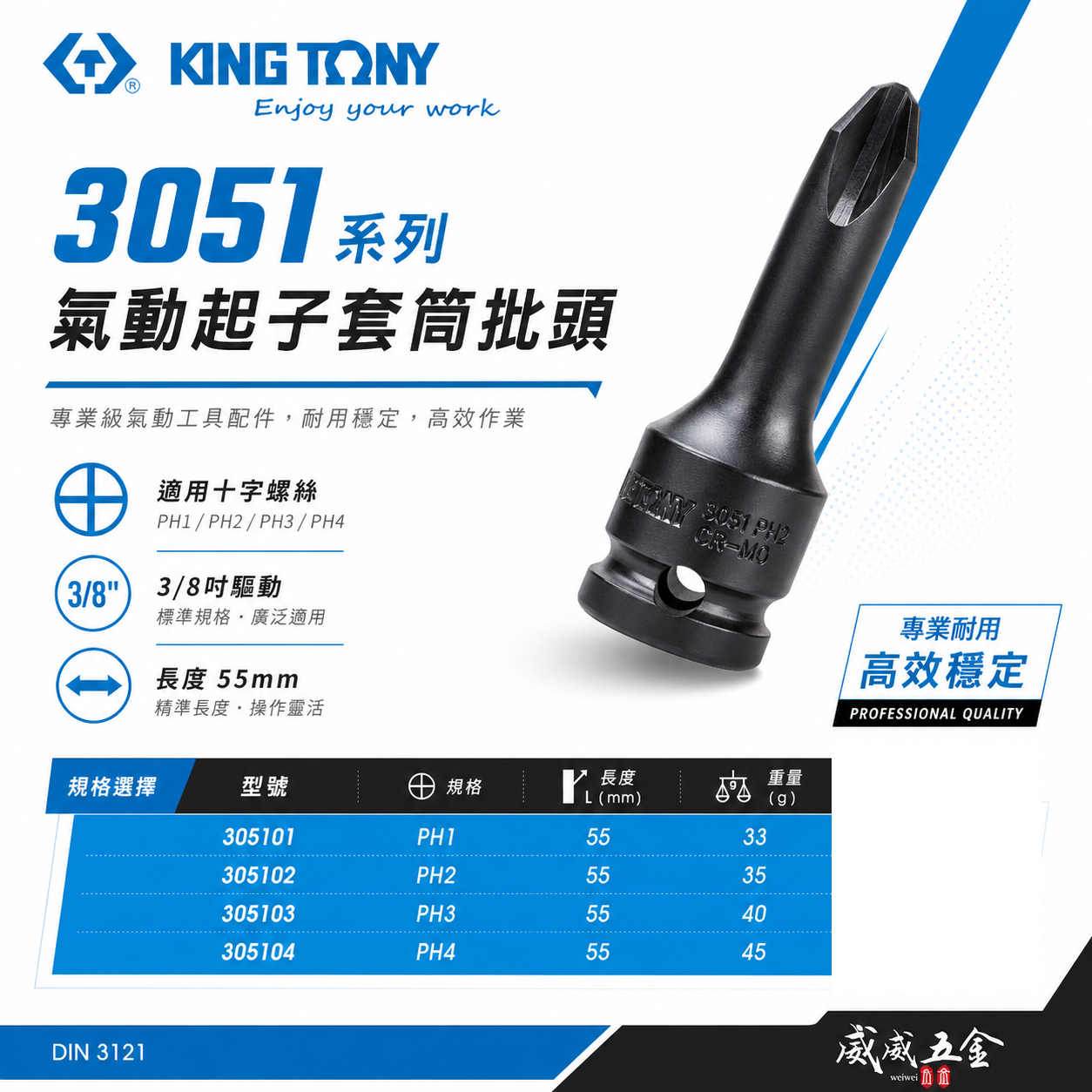 KING TONY 金統立｜3/8" 三分 3分 十字氣動起子頭套筒 氣動十字套筒｜PH1-PH4｜3051