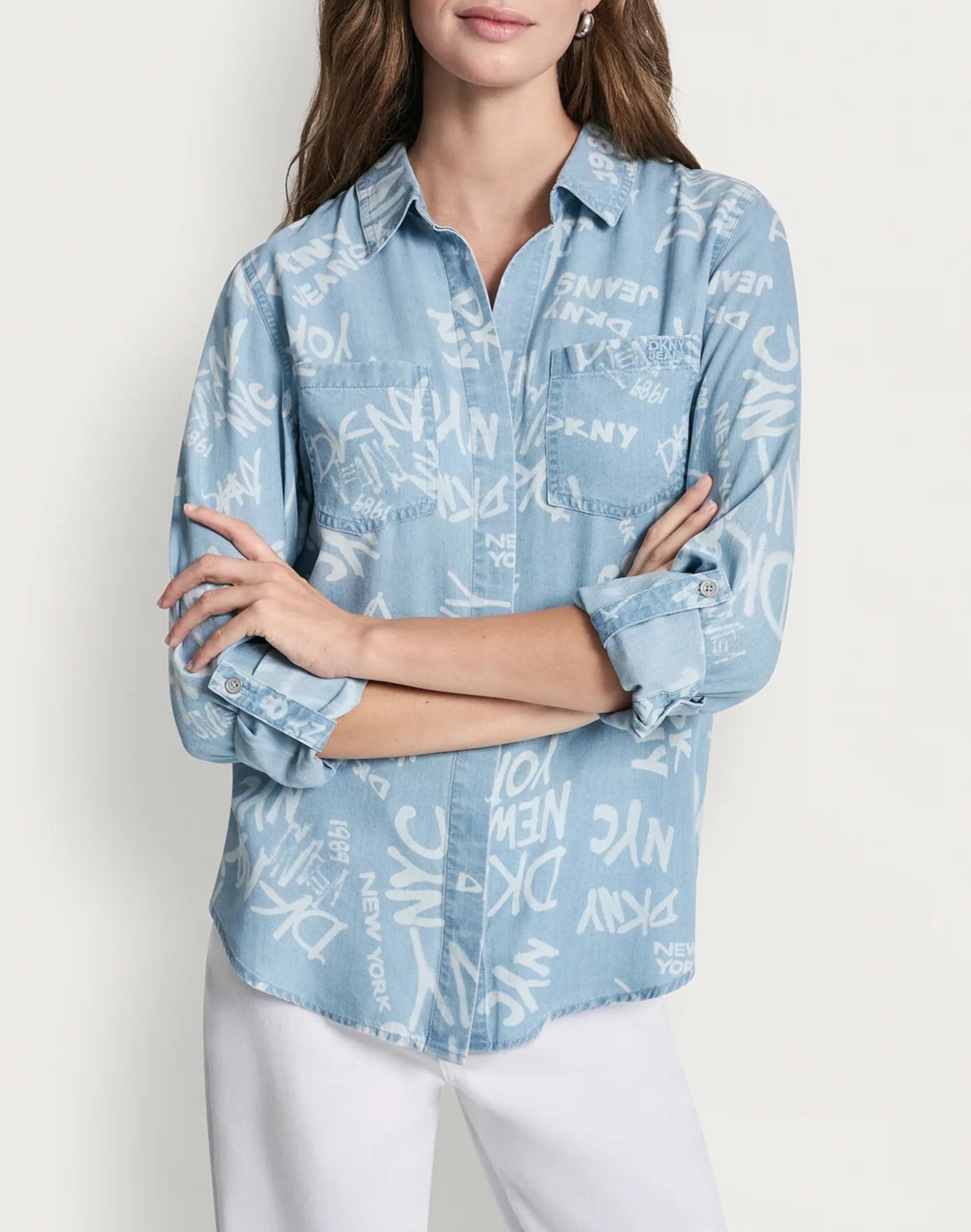 [S] DKNY GRAFFITI/CHAMBRAY GARMENT DYE SPLIT BACK SHIRT, DJ6W2017-AOR (SD1877)