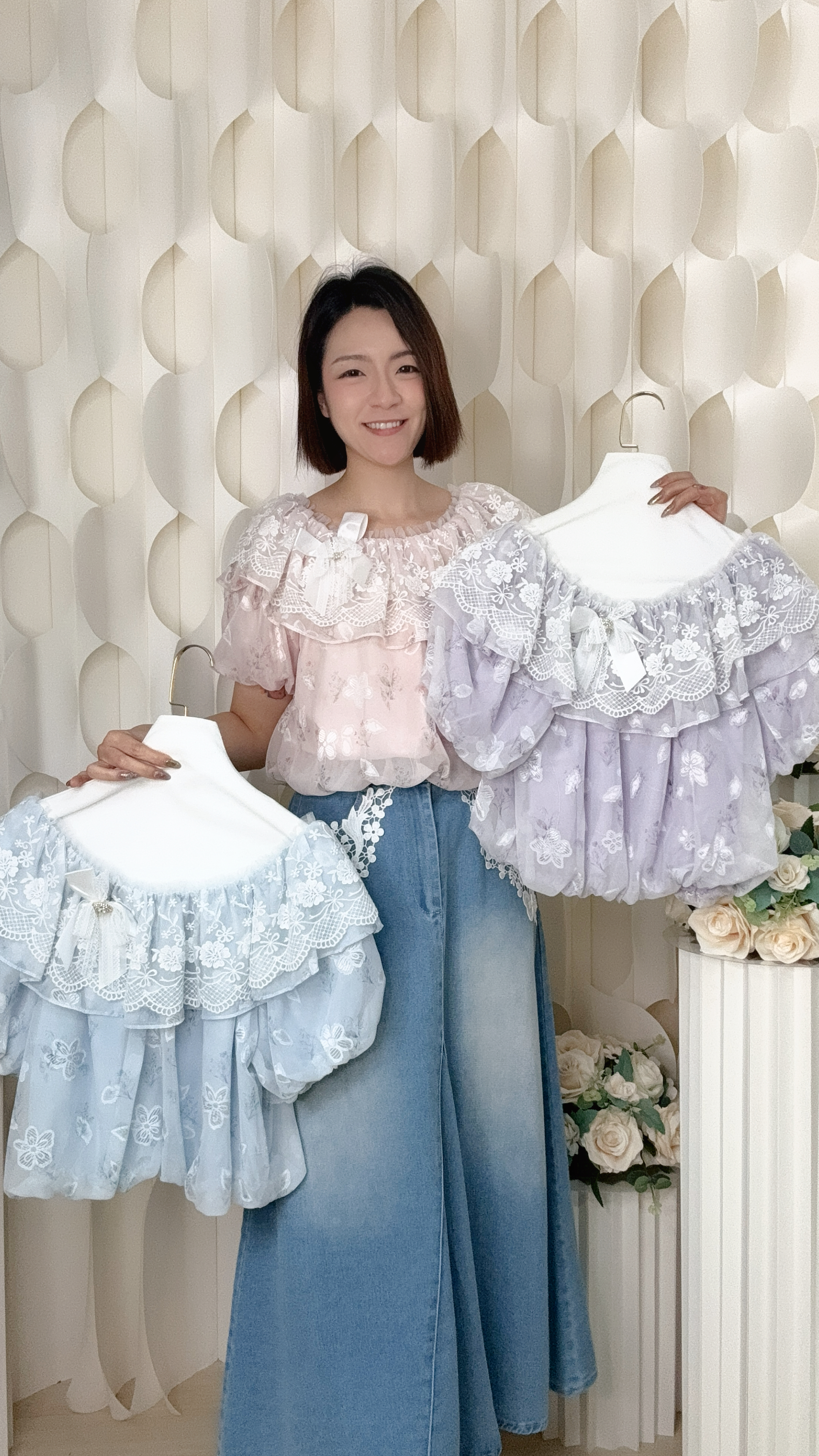蕾絲蝴蝶結ruffle雪紡上衣 (胸42 腰46 長17吋) B6203 #2905clo