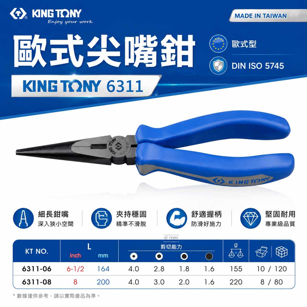 KING TONY 金統立｜歐式尖嘴鉗 6-1/2" 8" 膠柄尖口鉗 尖嘴鉗｜6311-06 6311-08｜台灣製｜公司貨