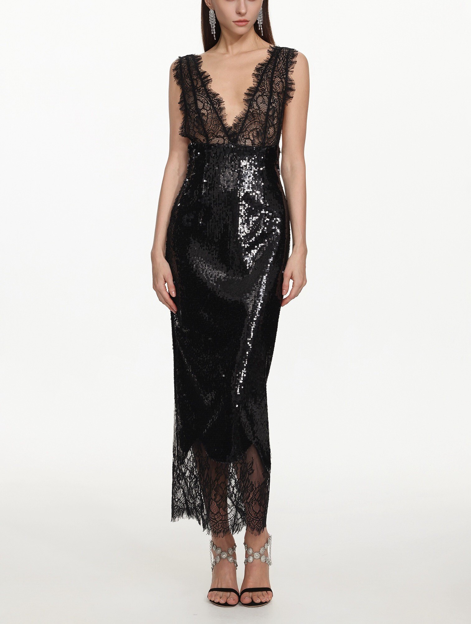 Hot Black黑色深V領蕾絲亮片Dress