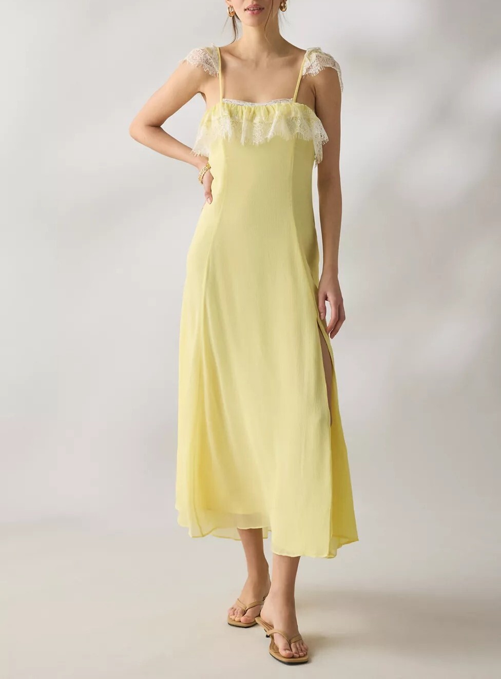 Lace Yellow檸檬黃色紋路絲綢蕾絲  Maxi Dress
