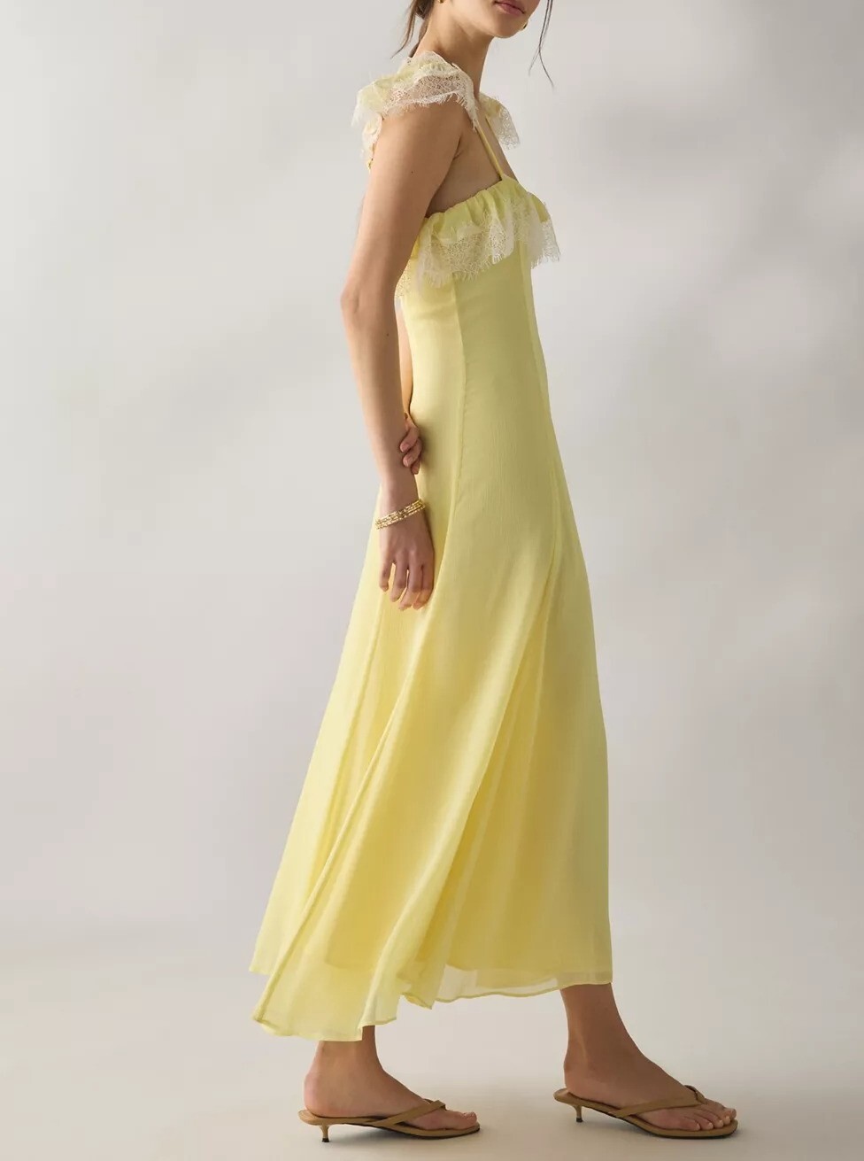 Lace Yellow檸檬黃色紋路絲綢蕾絲  Maxi Dress