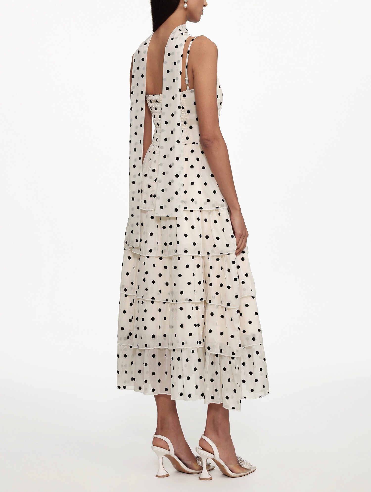Cream奶油白色點點蝴蝶結飾桃心領絲巾層次  Dress