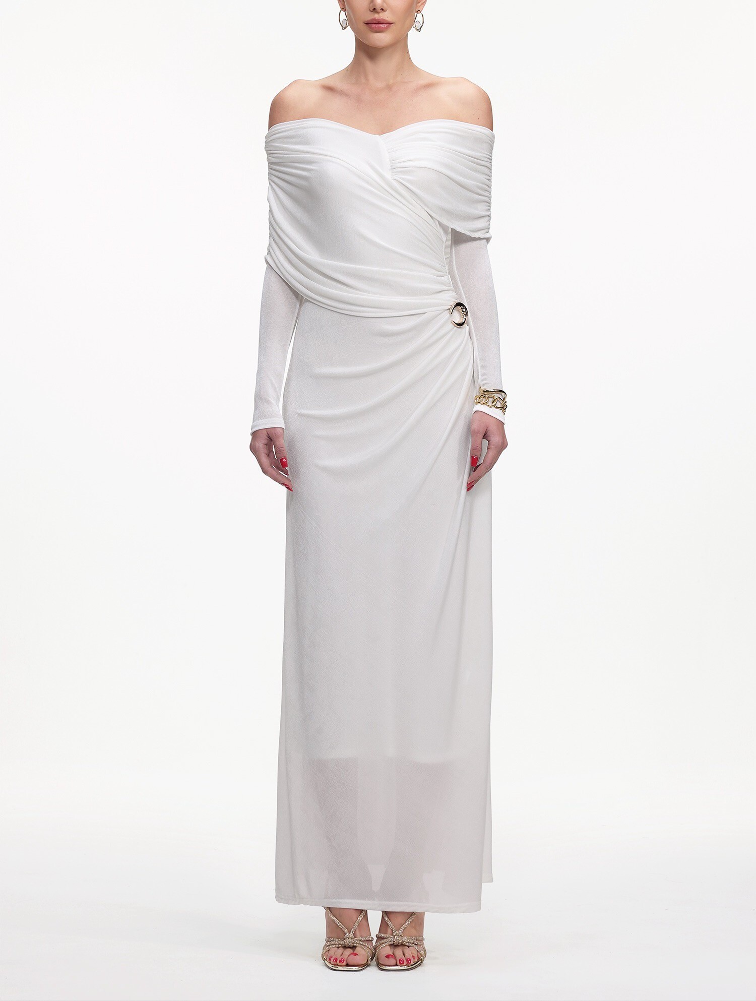 White Night 露肩翻領金飾抓皺透紗  Dress