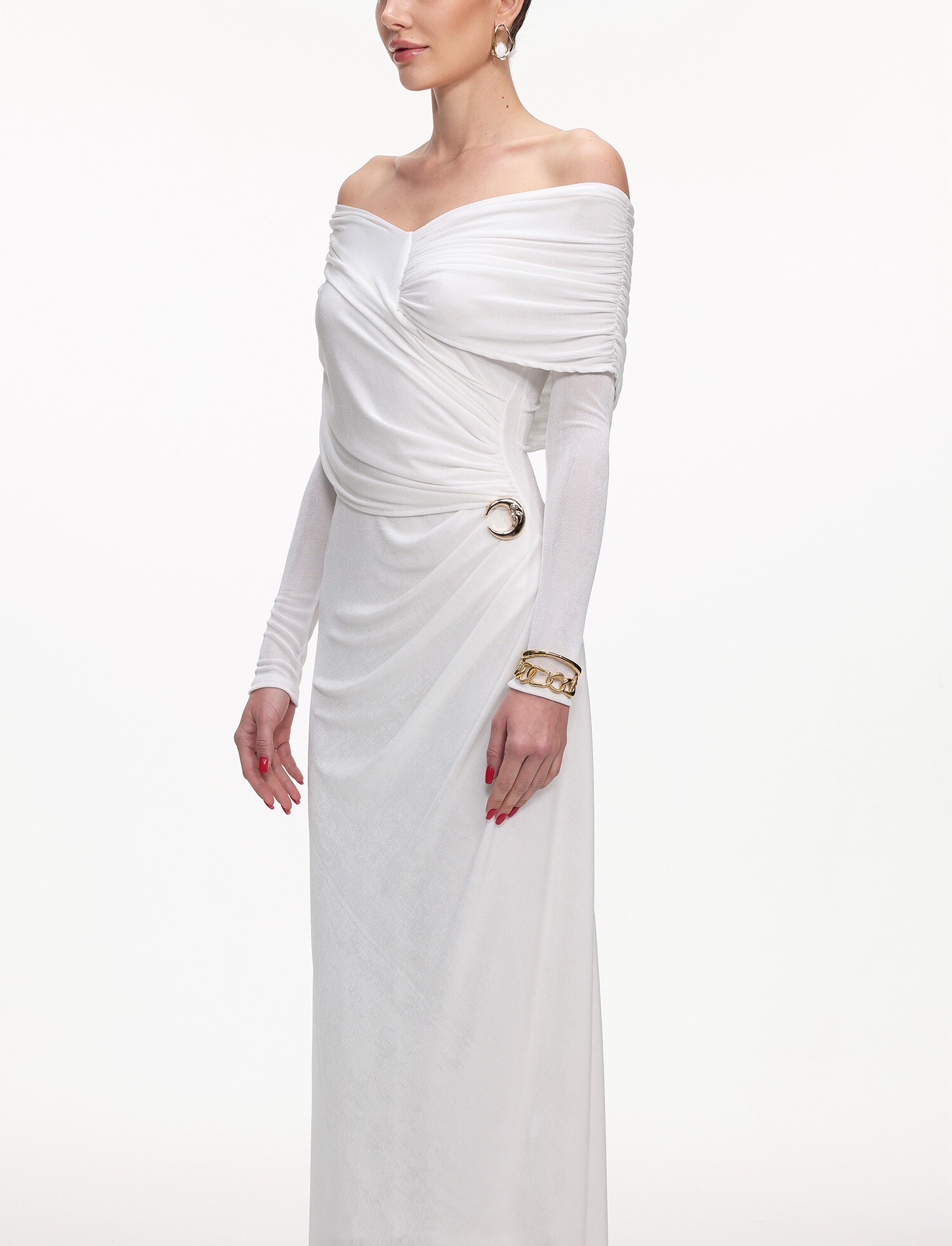 White Night 露肩翻領金飾抓皺透紗  Dress