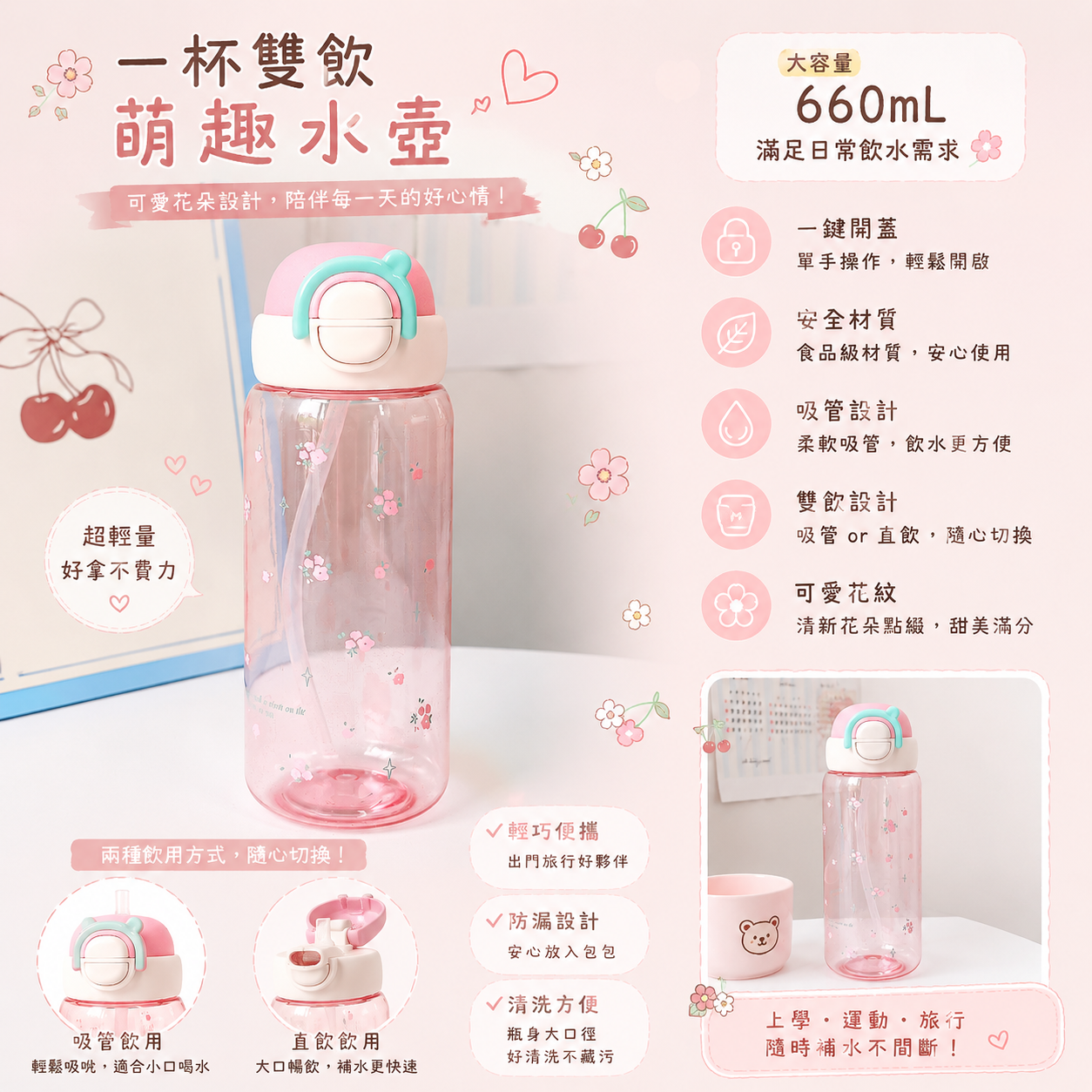 韓系雙飲吸管水壺 660mL