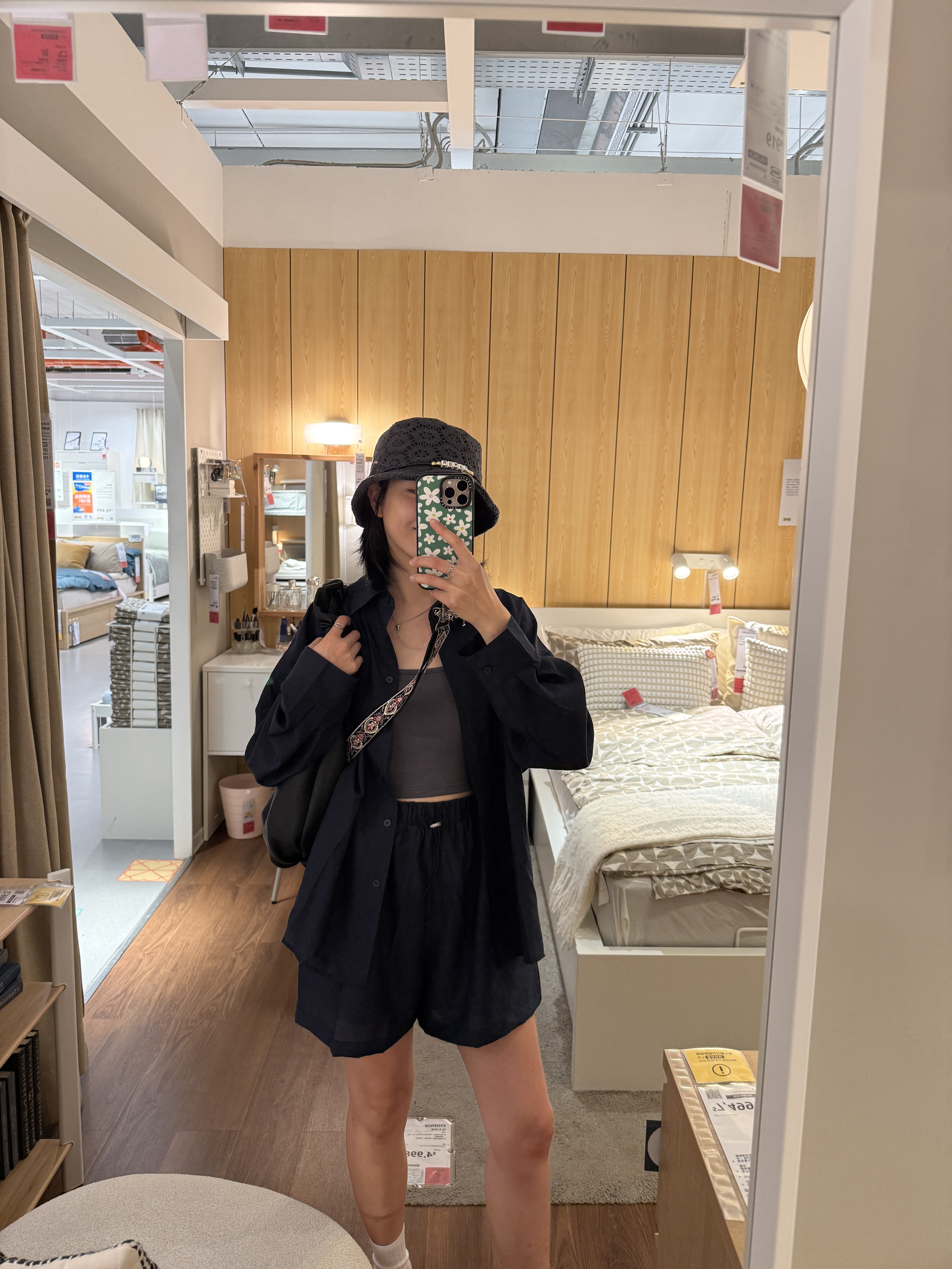 不皺涼感兩件式襯衫短褲套裝 (深藍)