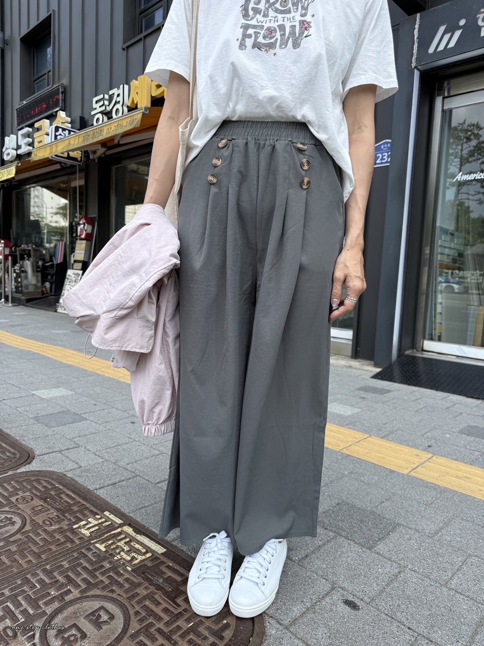 正韓霧灰三釦鬆緊涼感寬褲