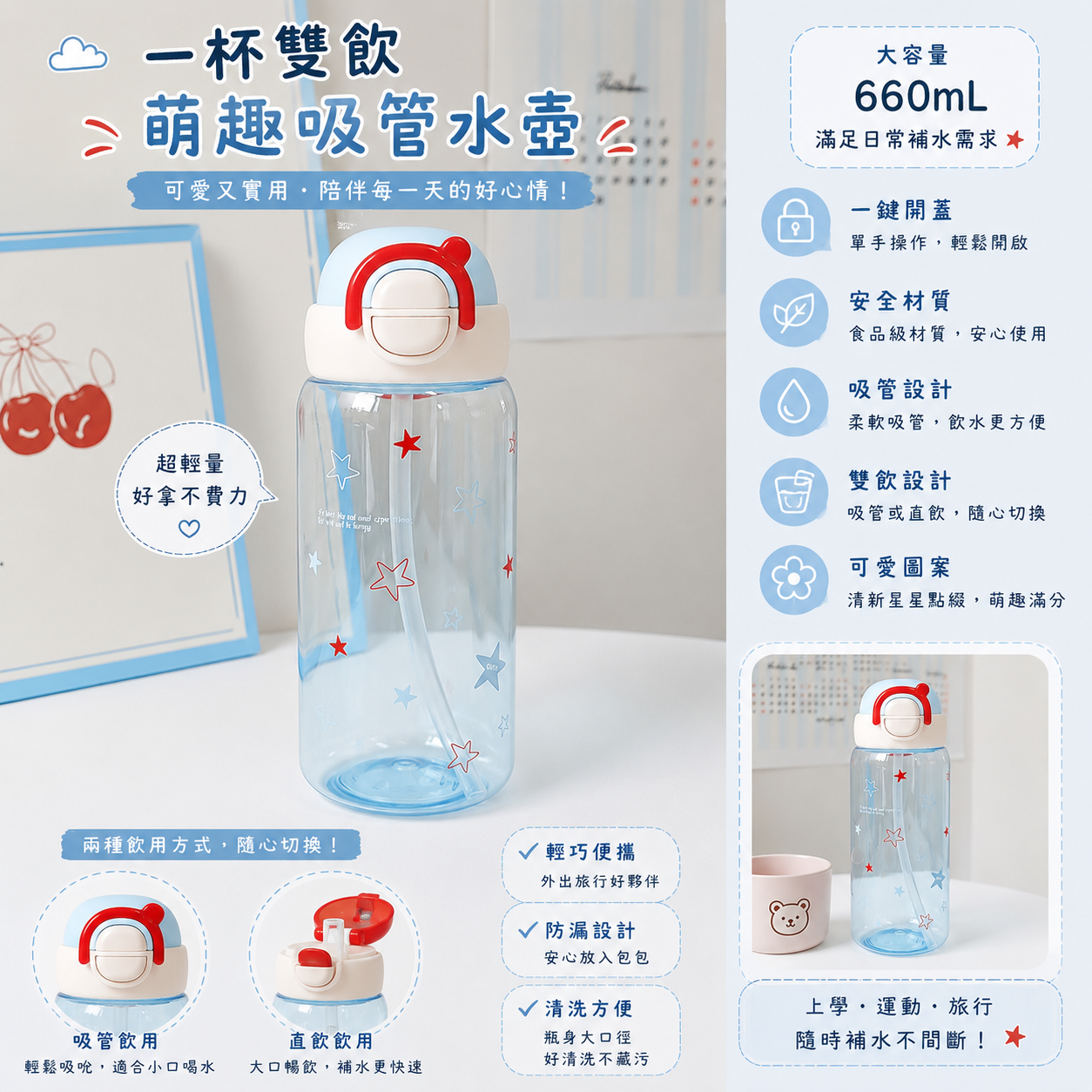 韓系雙飲吸管水壺 660mL