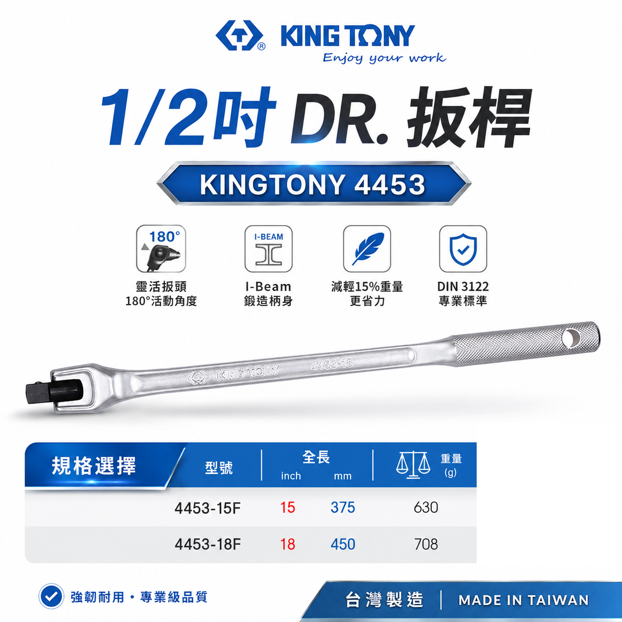 KING TONY 金統立｜1/2" 4分手動扳杆 四分手動板桿 F桿 F型扳桿｜4453-15F 4453-18F｜台灣製｜公司貨