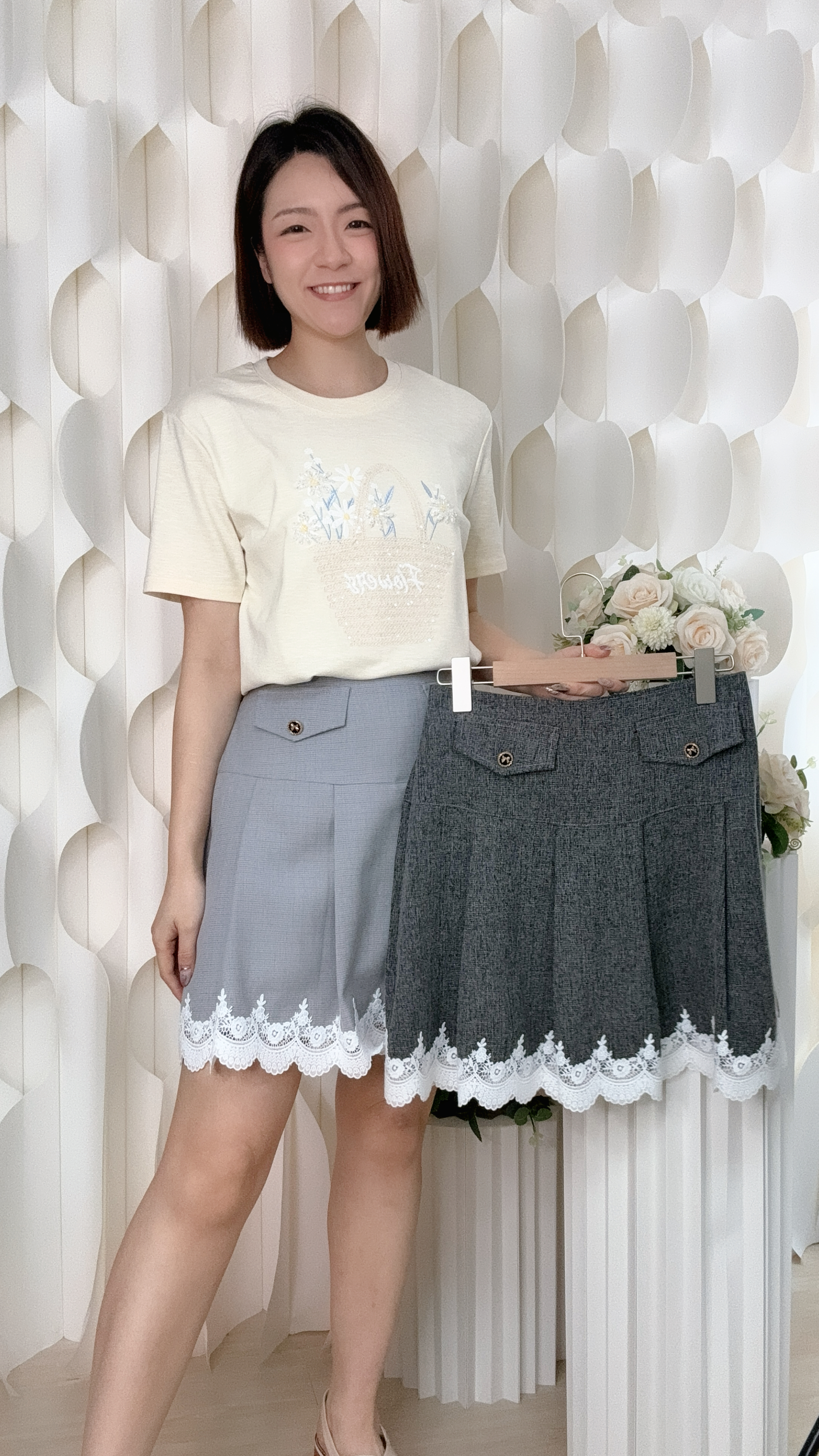 小香風蕾絲邊百褶半身裙 (腰26-36 臀42 長17吋) P6465 #2905clo