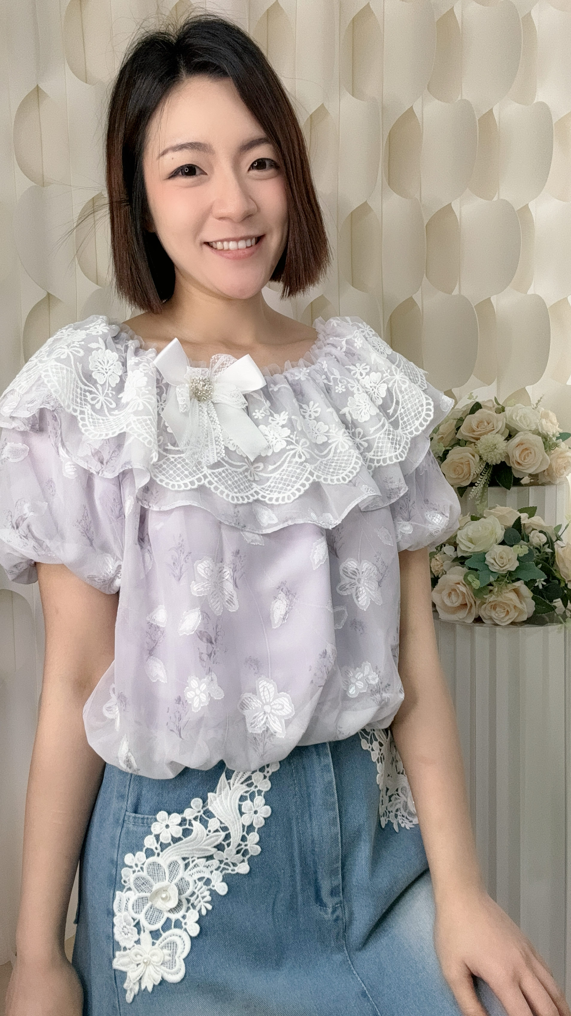 蕾絲蝴蝶結ruffle雪紡上衣 (胸42 腰46 長17吋) B6203 #2905clo