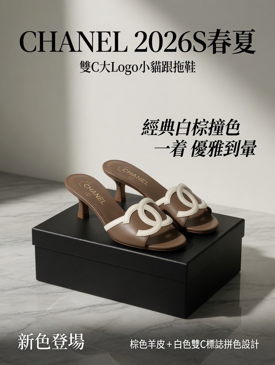 CHANEL 2026S春夏雙C大Logo小猫跟拖鞋