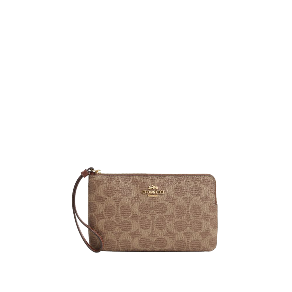 【Coach Outlet】Large Corner Zip Wristlet In Signature Canvas  咖