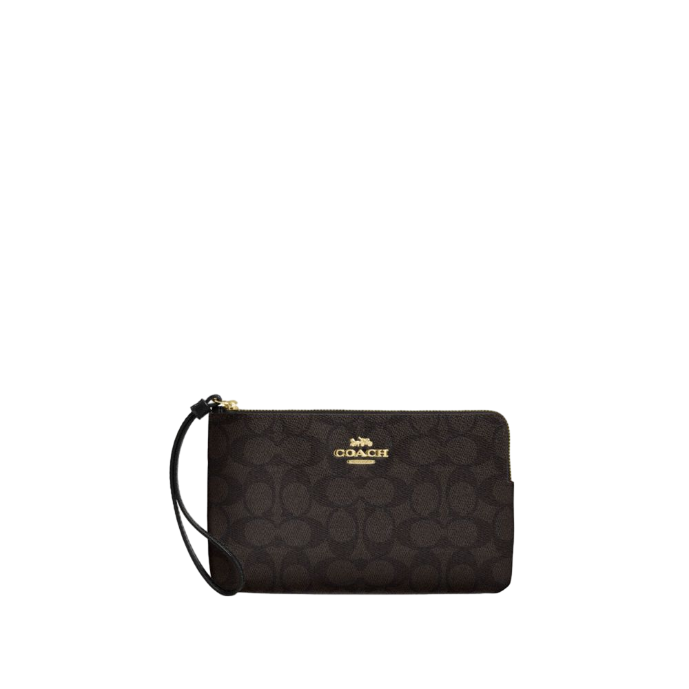 【Coach Outlet】Large Corner Zip Wristlet In Signature Canvas  深咖