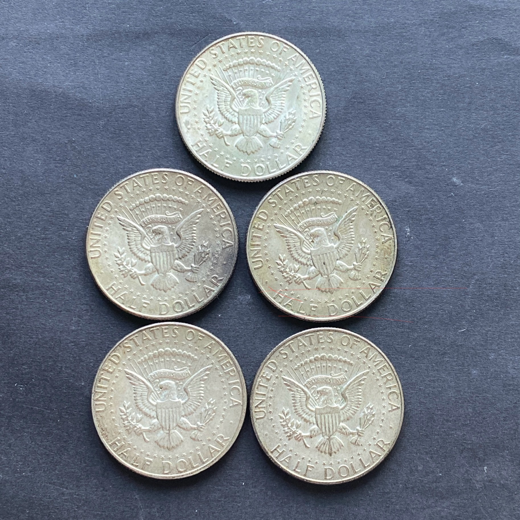 1965, 1967兩枚, 1968兩枚 美國半元 (40%銀幣) 共五枚