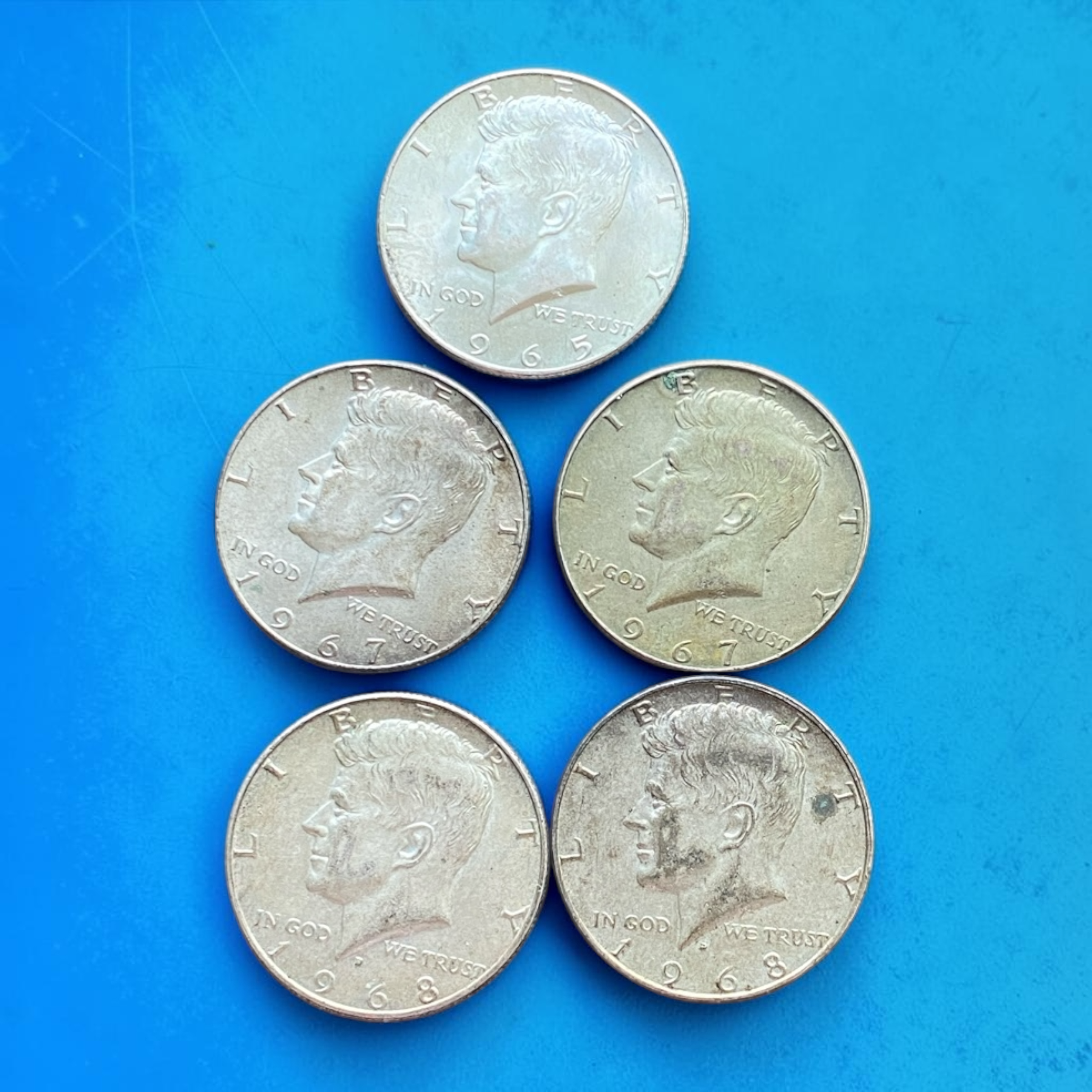 1965, 1967兩枚, 1968兩枚 美國半元 (40%銀幣) 共五枚