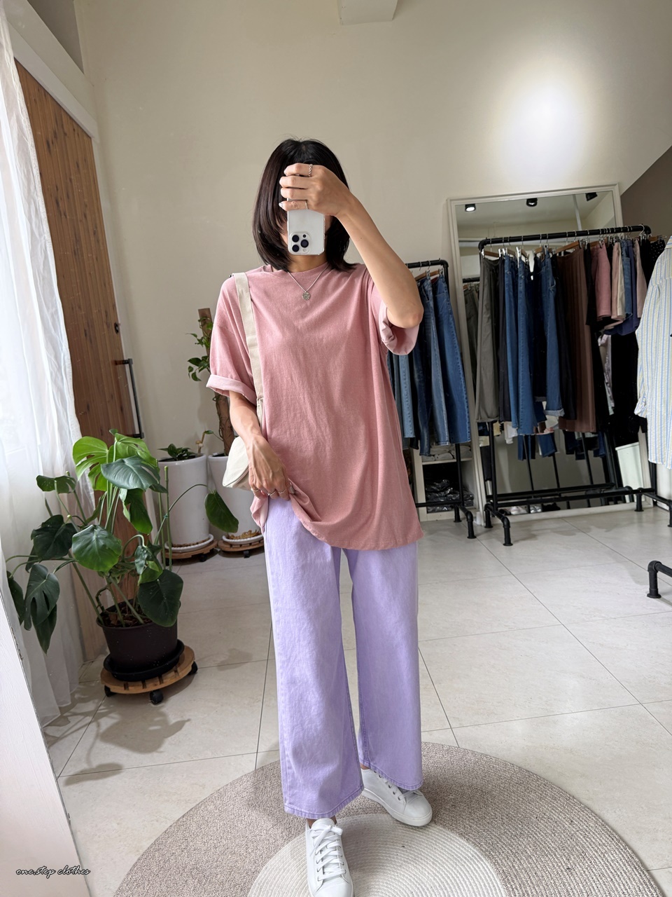 正韓霧感粉色水洗素T