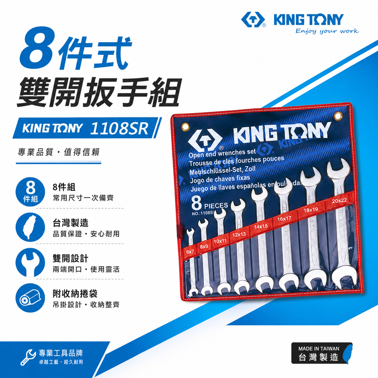 KING TONY 金統立｜英制 1/4"~7/8" 雙頭開口扳手 8支組 雙開扳手組 8件式｜1108SR