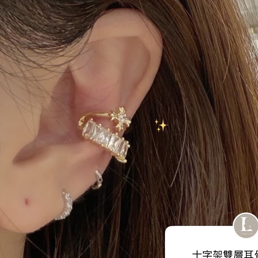 EF52【無耳洞福音❤️‍🔥】鋯石十字架雙層耳骨扣