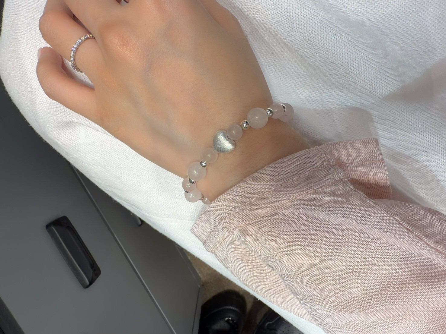 HM6237 ⚪️925 銀 粉晶愛心手串