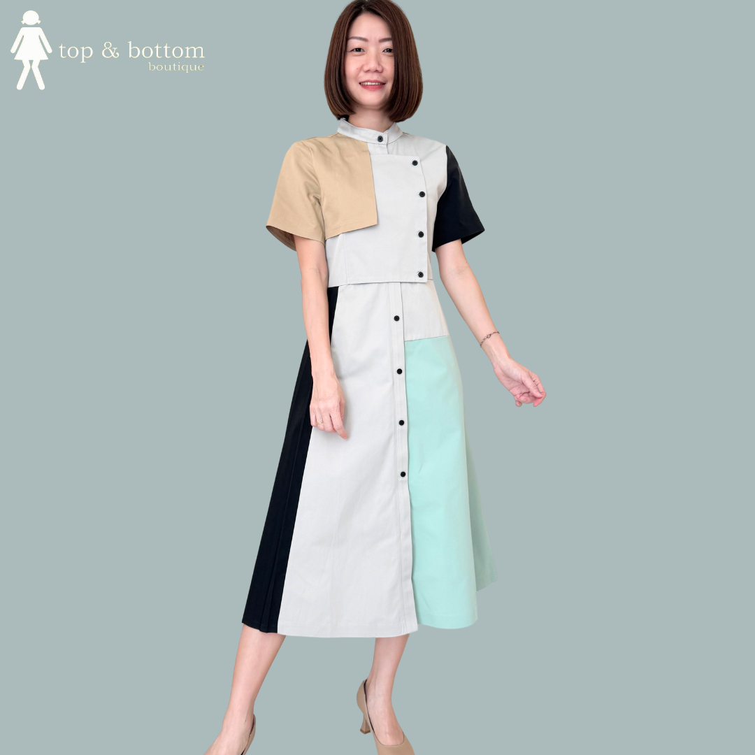SHORT SLEEVE COLOUR BLOCK MIDI DRESS