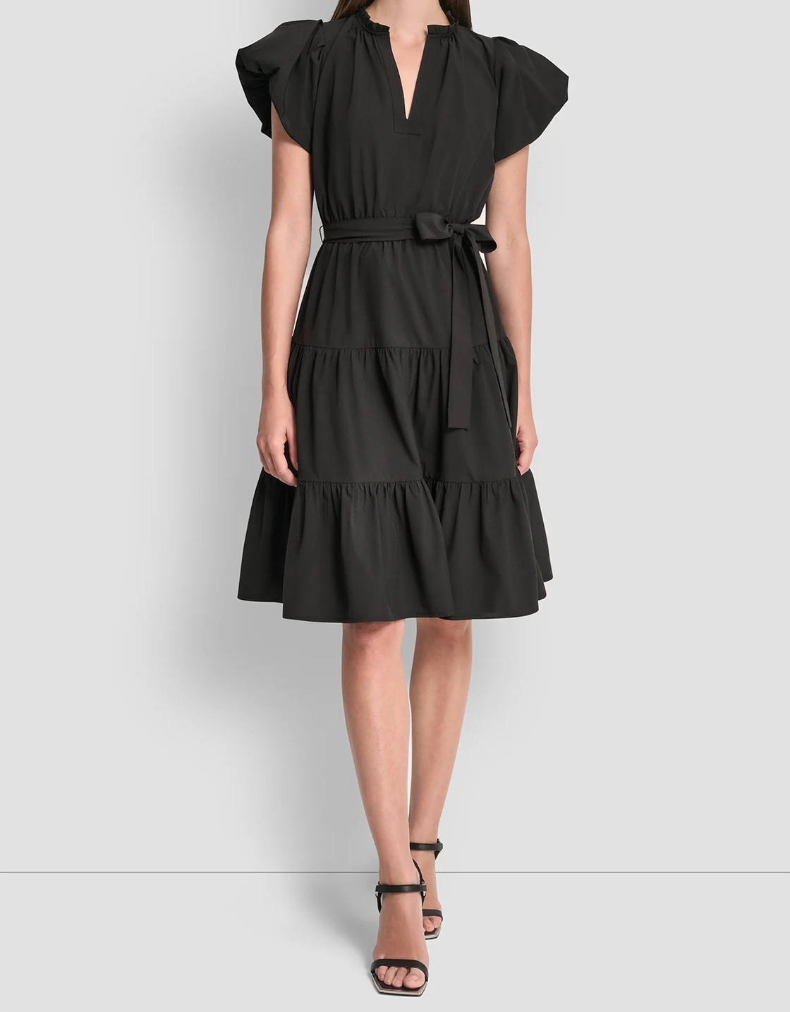 [S] DKNY BLACK PUFF SLEEVE V-NECK FIT AND FLARE DRESS, DD611S14-BLK (SD1940)