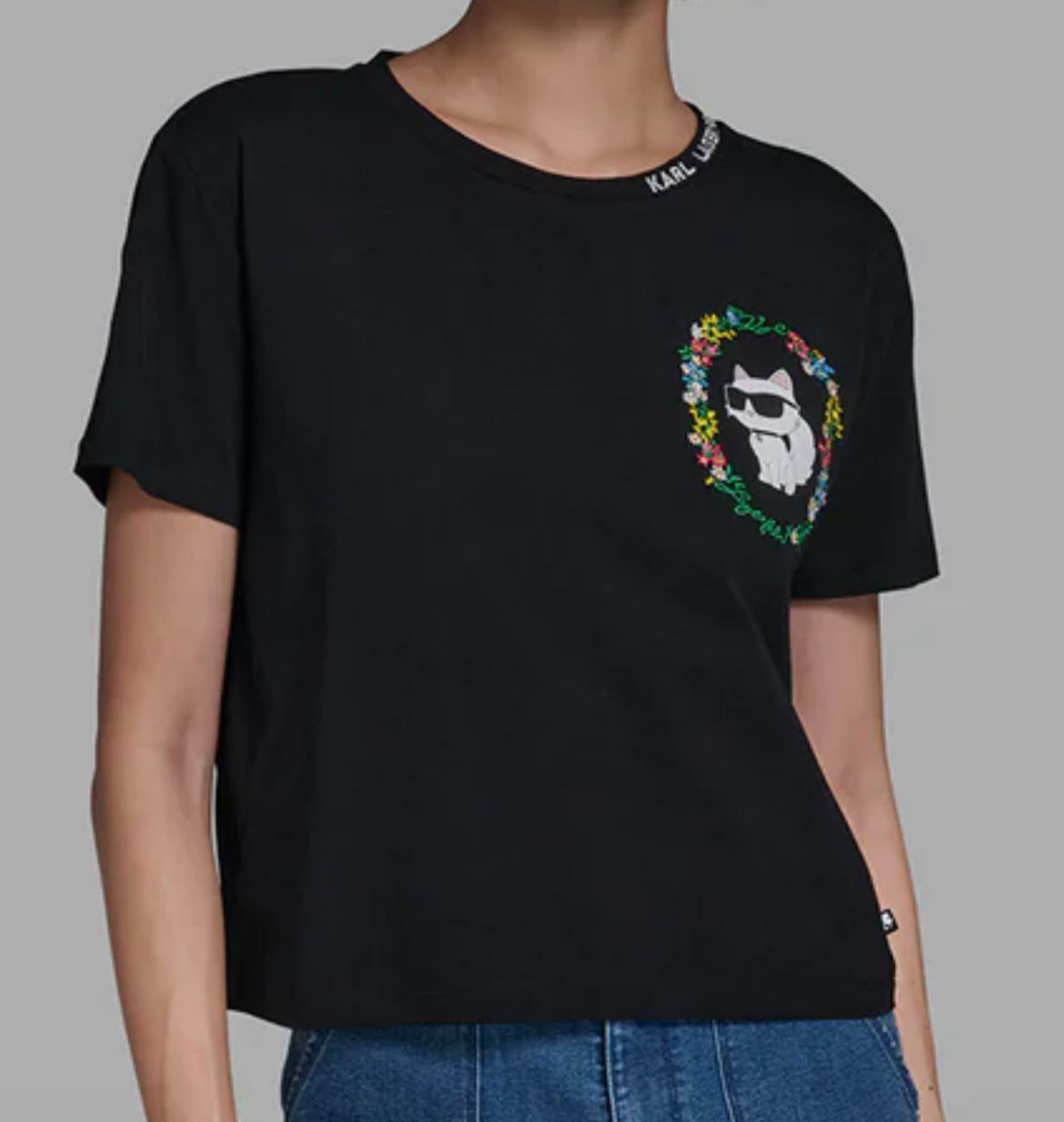 加姐 Karl Lagerfeld 女裝短版繡花貓貓 Tee (黑) *滿$899包京東送貨上門* KL77