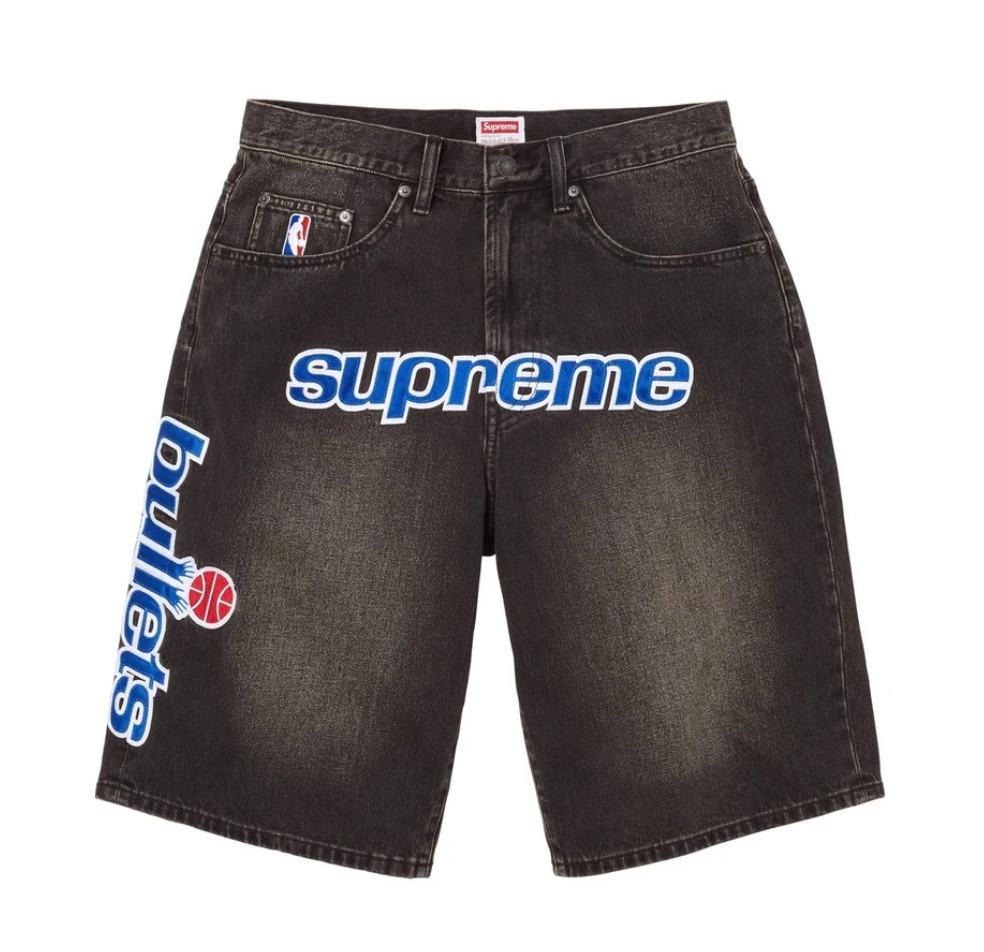 -(B4c04)-SURPEME X MITCHELL & NESS WASHINGTON BULLET BAGGY DENIM 13OZ 字體 牛仔短褲