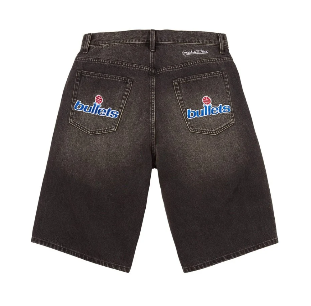 -(B4c04)-SURPEME X MITCHELL & NESS WASHINGTON BULLET BAGGY DENIM 13OZ 字體 牛仔短褲