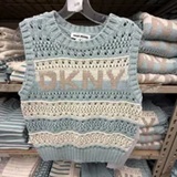 [S] DKNY MINERAL/IVORY/PEBBLE STRIPED POINTELLE STITCH SWEATER, DJ6R0135-B4D (SD1956)