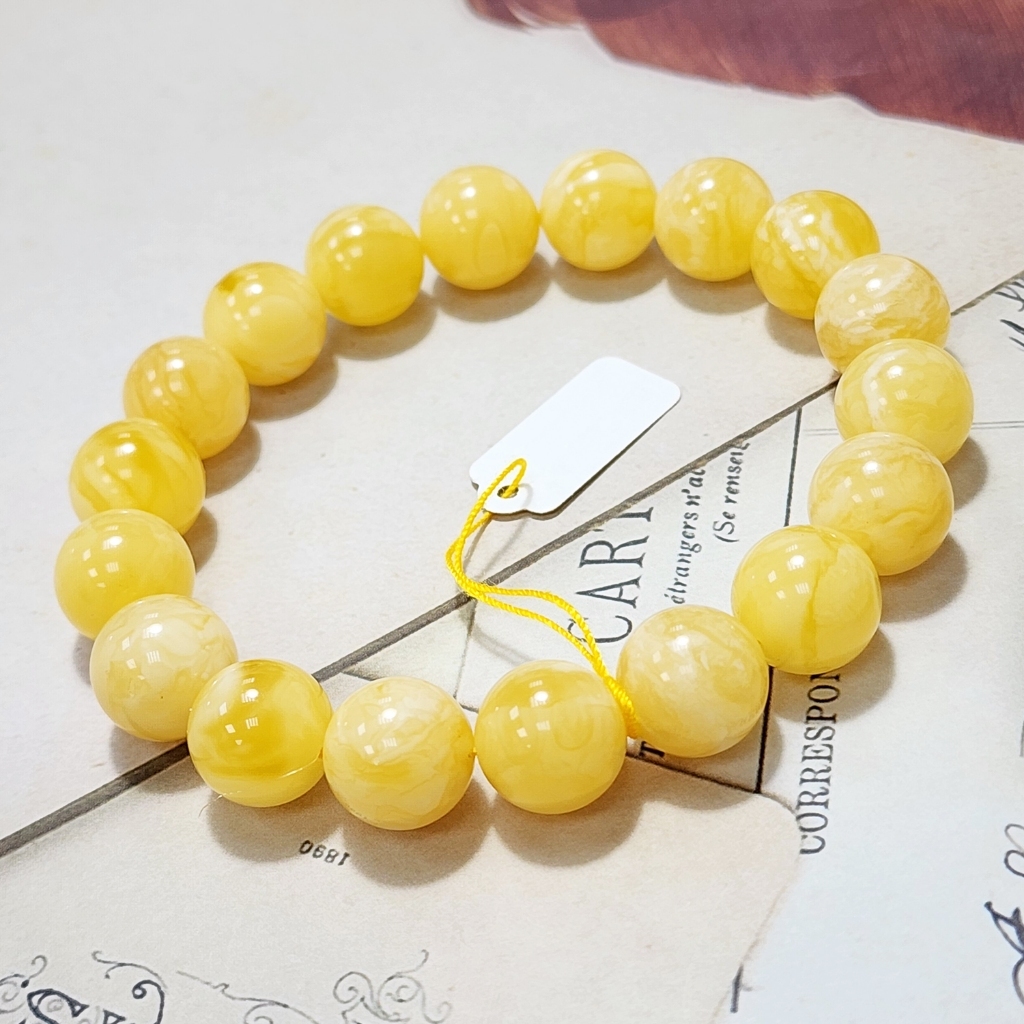 【騰彪琥珀】天然白花蜜蠟手鍊 11mm+ 圓珠 附公司保證卡 可代送鑑定 波羅的海 白黃交織流雲紋 復古氣質手珠