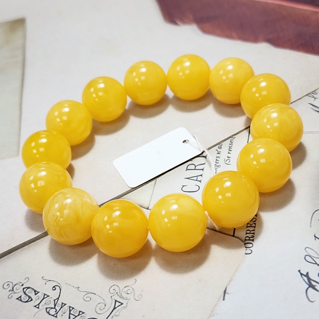 【騰彪琥珀】天然烏克蘭焦皮料滿肉雞油黃飄花蜜蠟手鍊 15mm+ 圓珠 附公司保證卡 可代送鑑定 艷麗黃 收藏精品