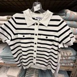 [S] DKNY IVORY/BLACK SHORT-SLEEVE STRIPED POLO CARDIGAN, DJ6R0160-IVK (SD1973)