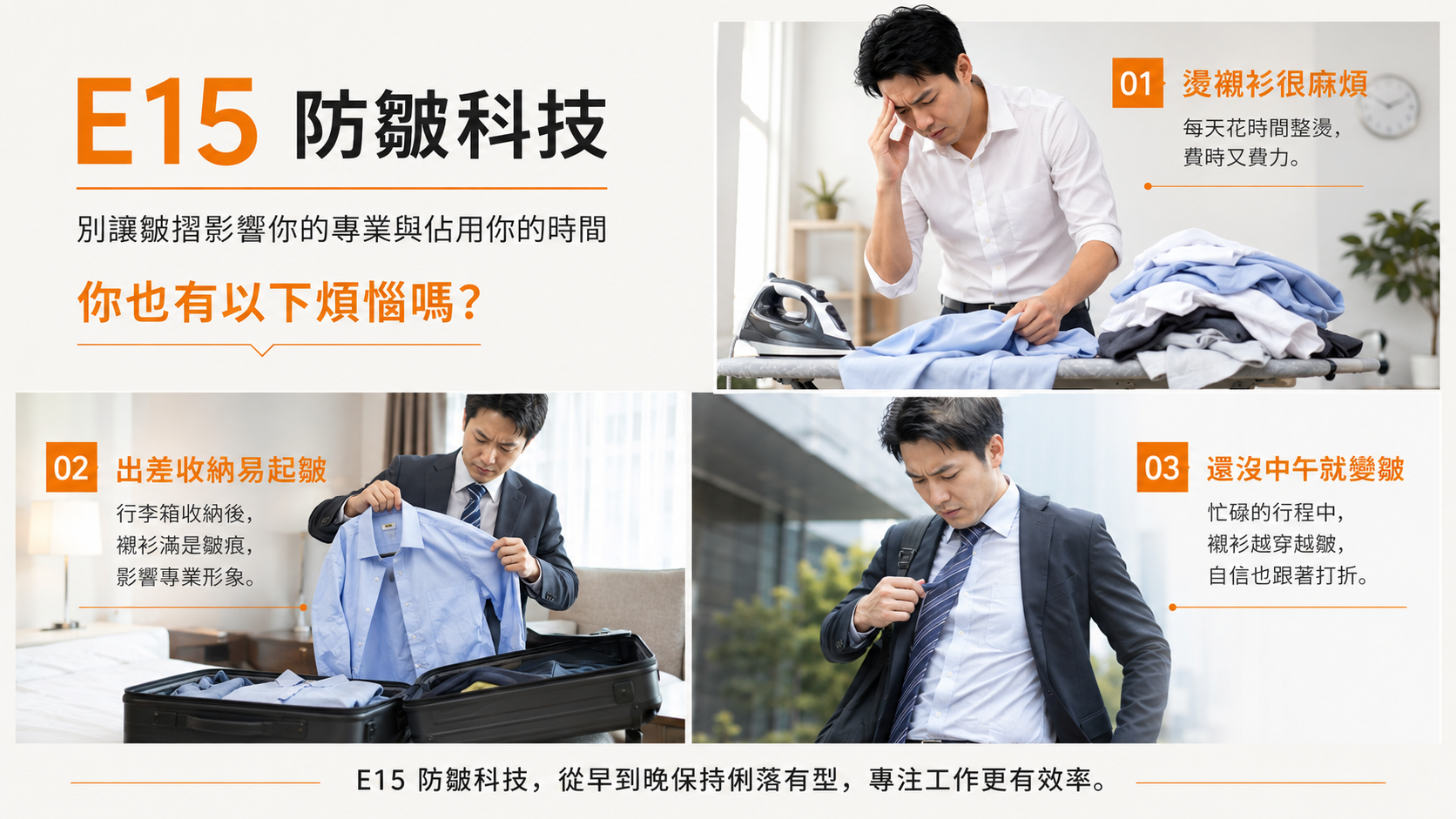 衣十五 E15 防皺商務襯衫推薦，適合出差、通勤與長時間上班穿著，具備防皺、彈性舒適、吸濕速乾與耐穿易整理機能。
