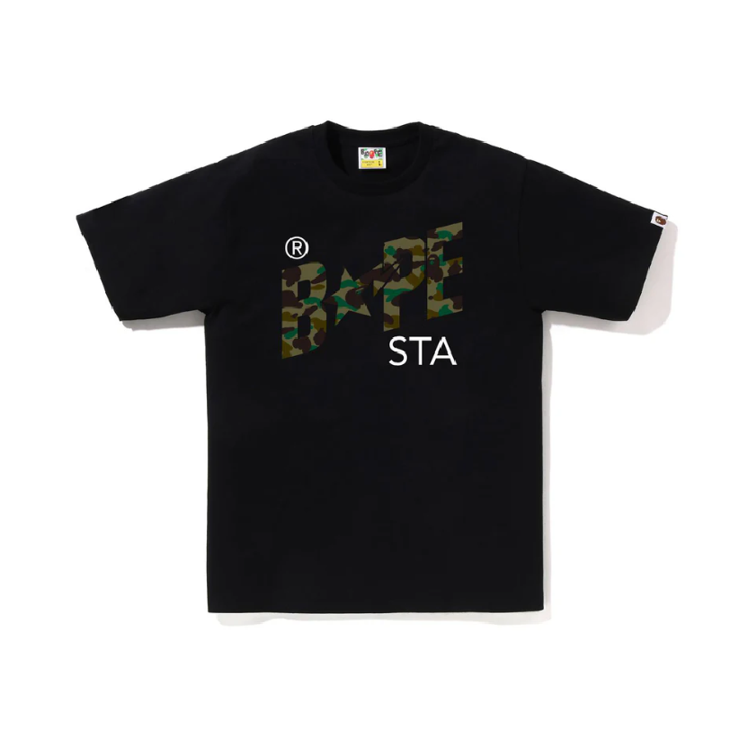 -(B4c03)-A BATHING APE 1ST CAMO BAPE STA TEE RELAXED FIT 迷彩 文字 流星T 黑/白-001TEM301017M