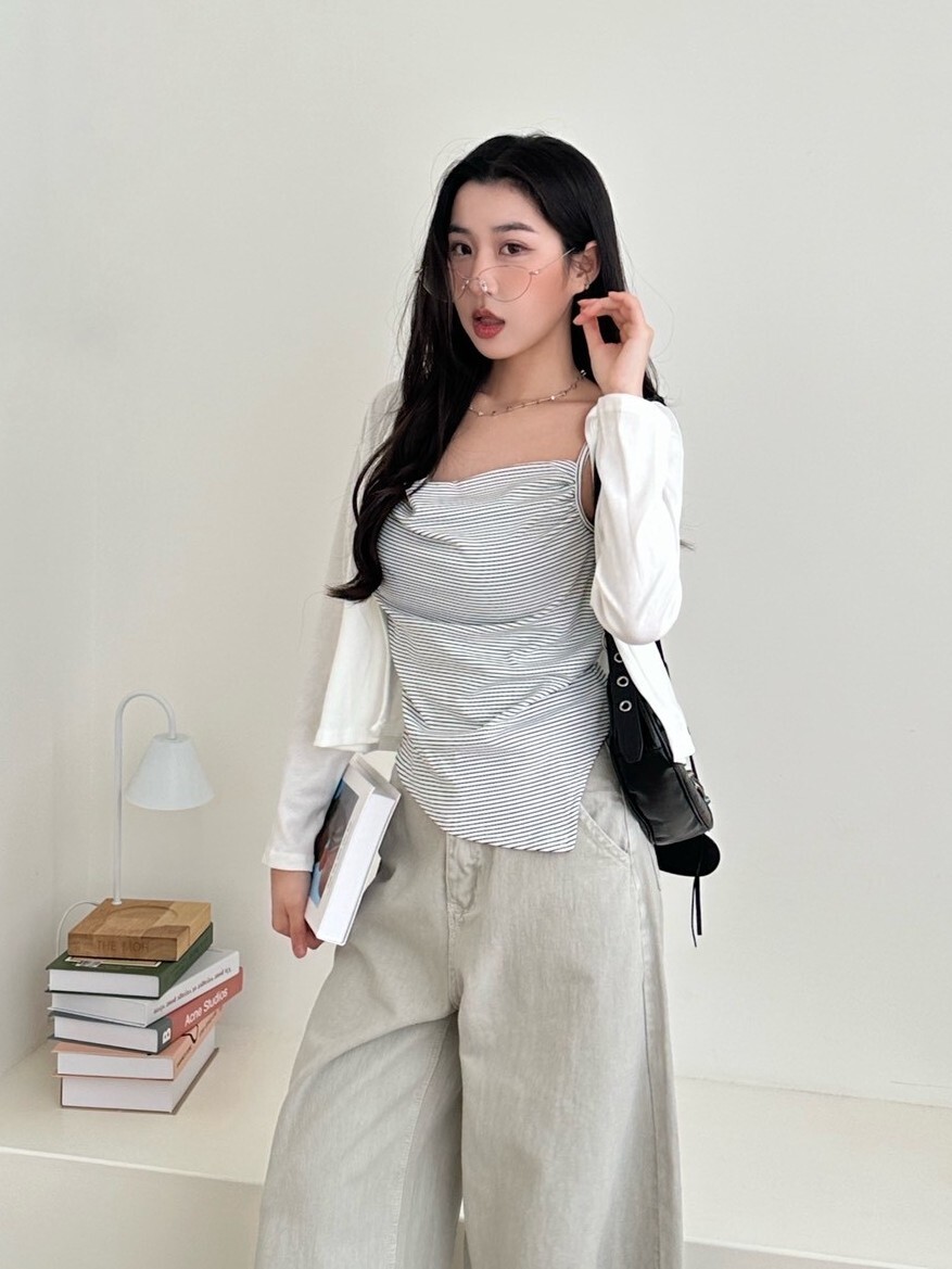Summer Line 微盪領下斜角條紋背心+小罩外兩件套