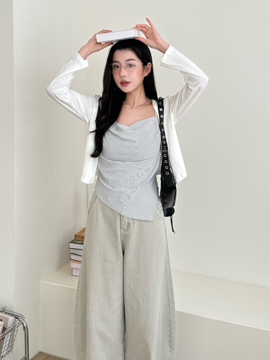 Summer Line 微盪領下斜角條紋背心+小罩外兩件套