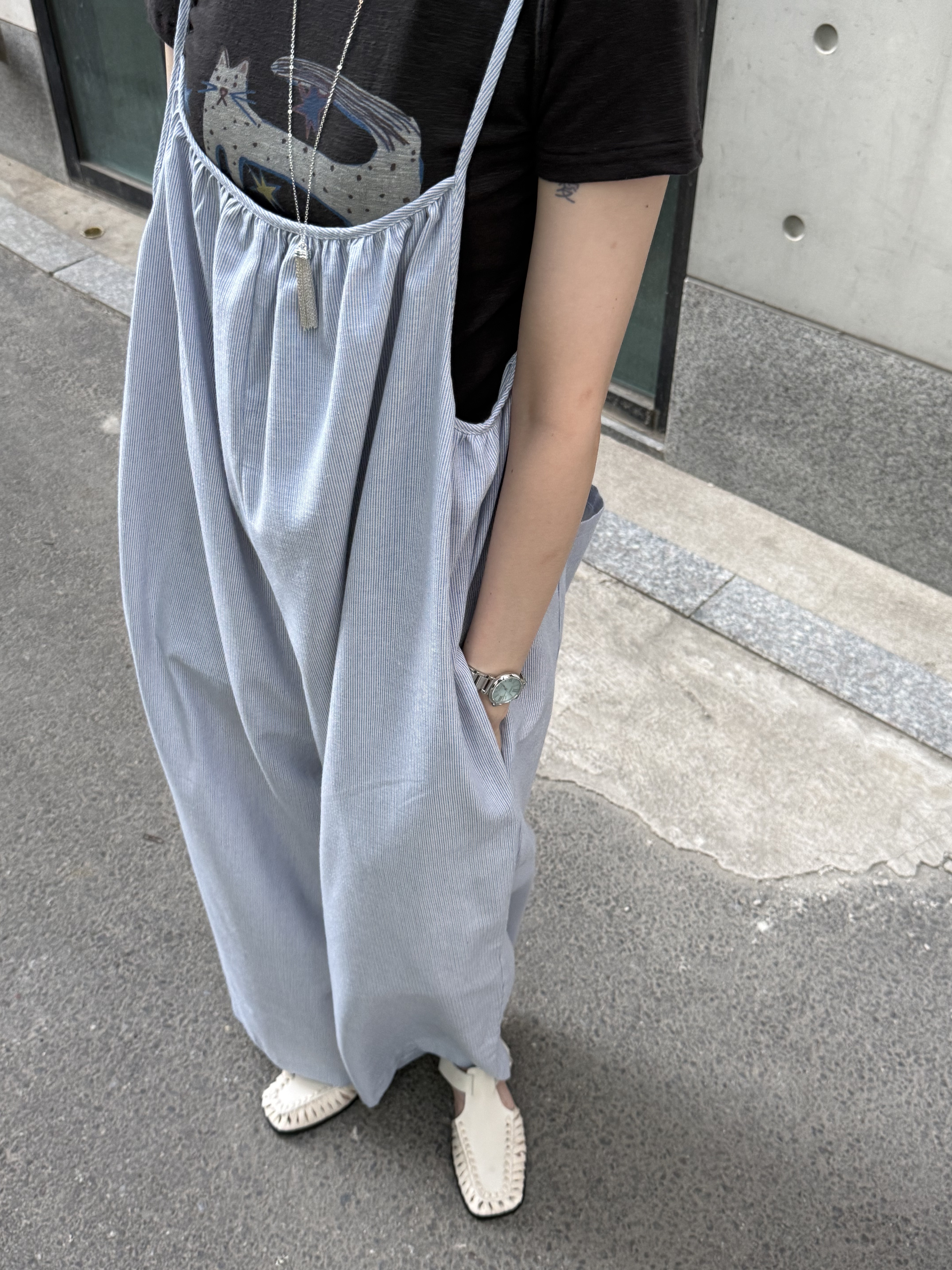 懷孕可穿日系線條寬鬆吊帶/2色均碼/藍條