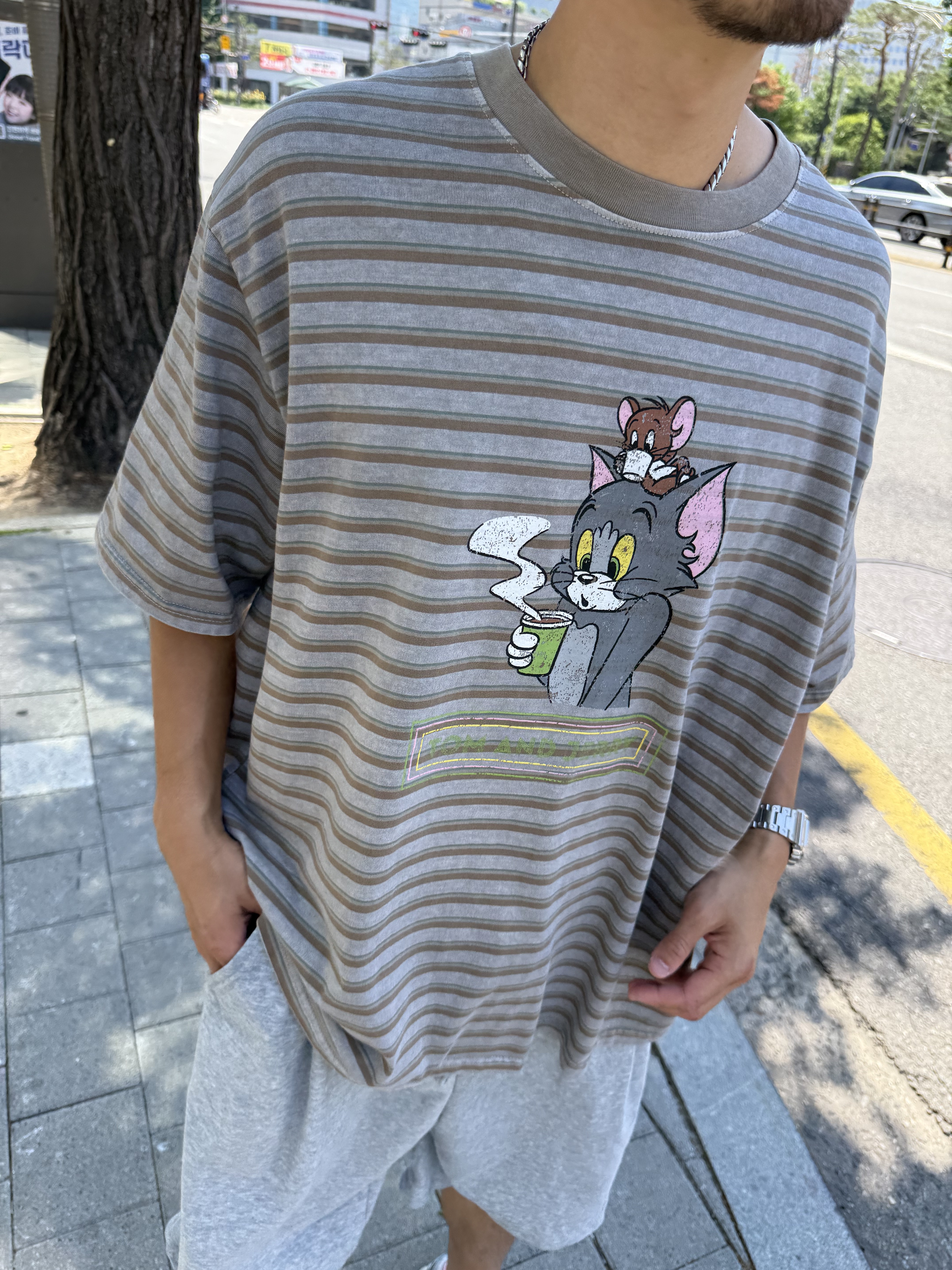 可愛花轟湯姆傑利條紋T/2色均碼/灰底