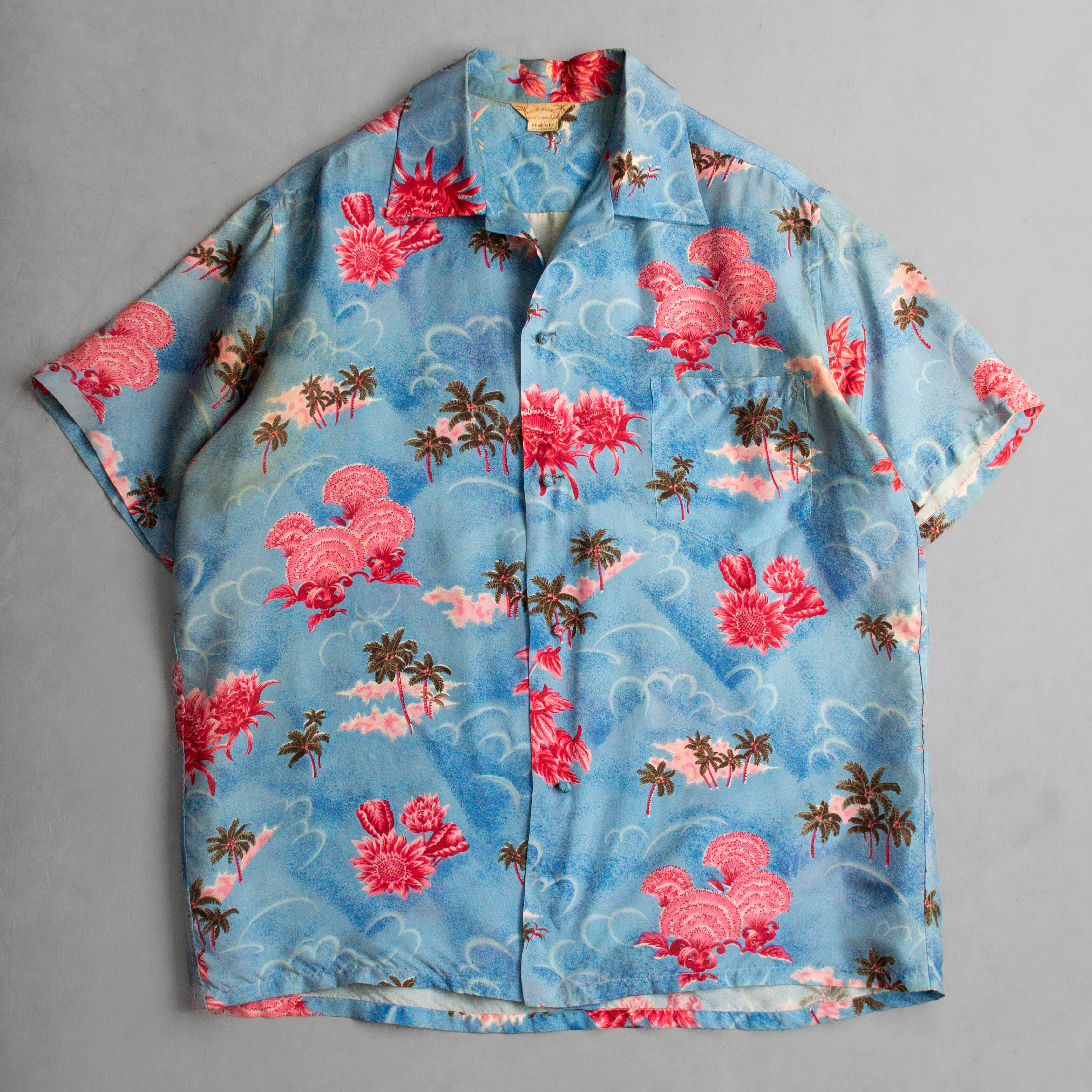 50-60S SILK HAWAII SHIRT 日本製 淺藍 蠶絲 夏威夷 短袖 襯衫 G