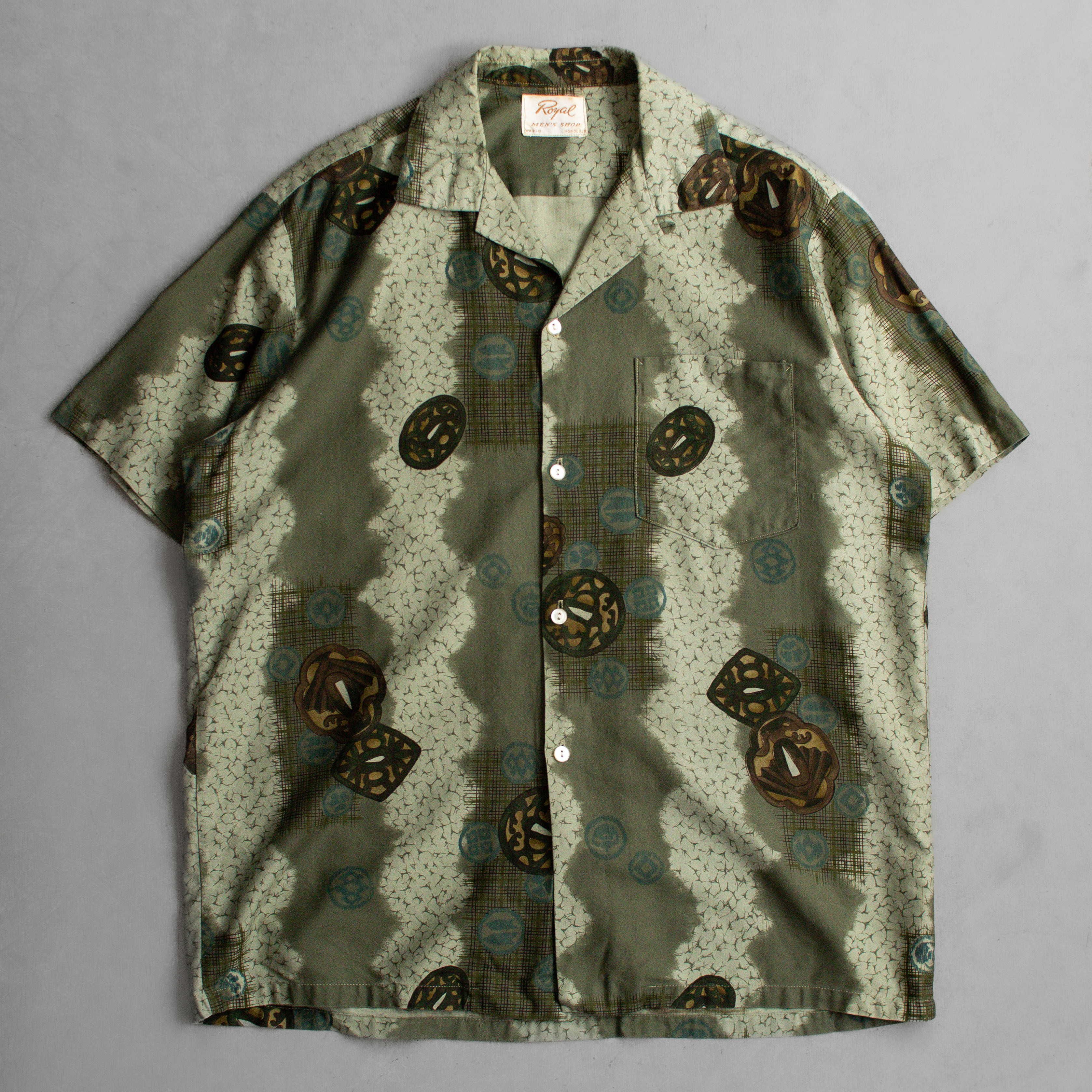 70-80S VINTAGE HAWAII SHIRT 美國製 軍綠 錢幣 開領 夏威夷襯衫 L