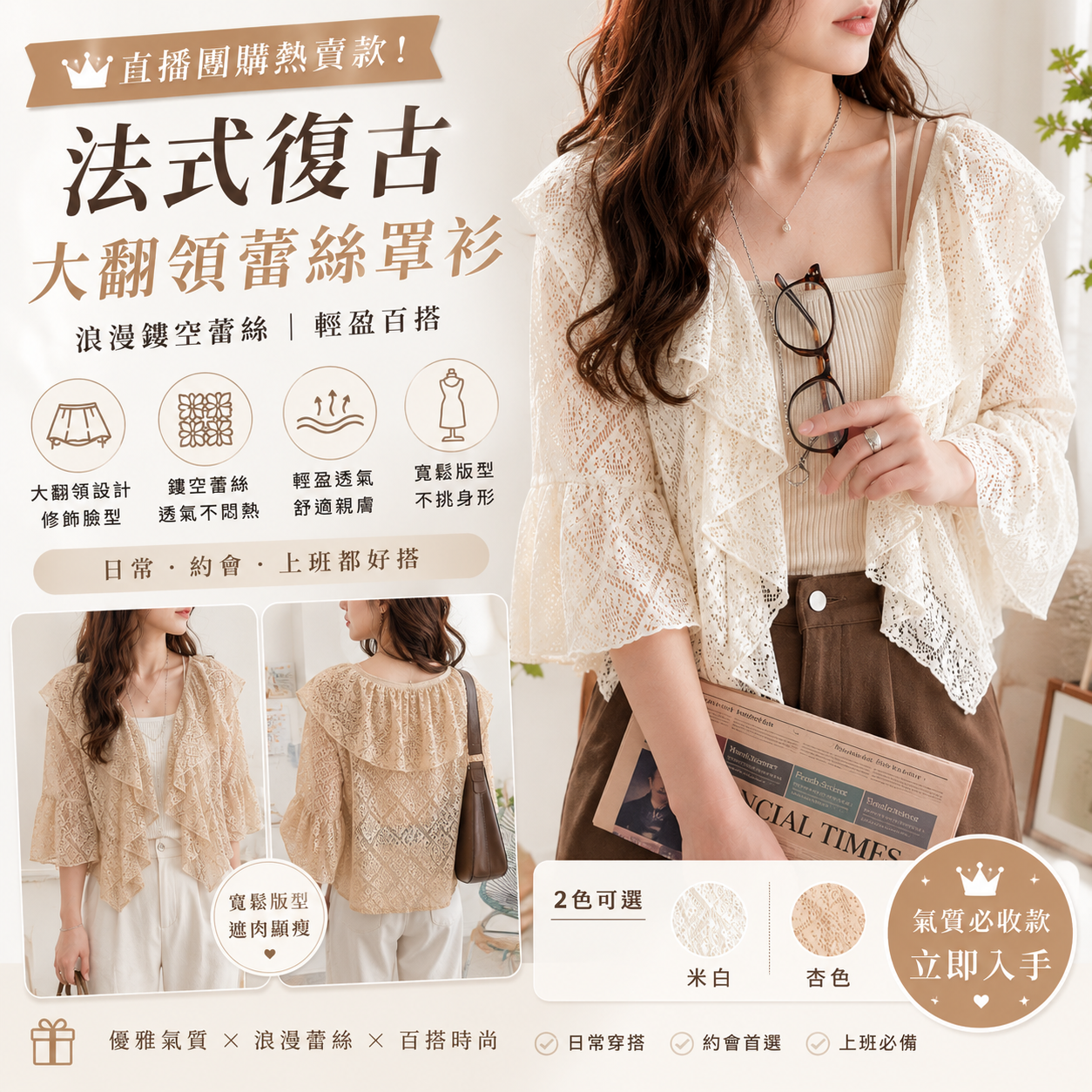 【預購】JM053004 Classical Elf 法式復古大翻領鏤空蕾絲罩衫