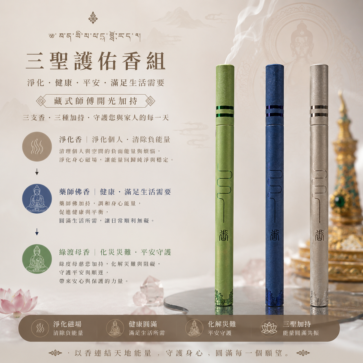 (預訂) 福 - 三聖護佑香組  (淨化香，藥師佛，綠渡母)
