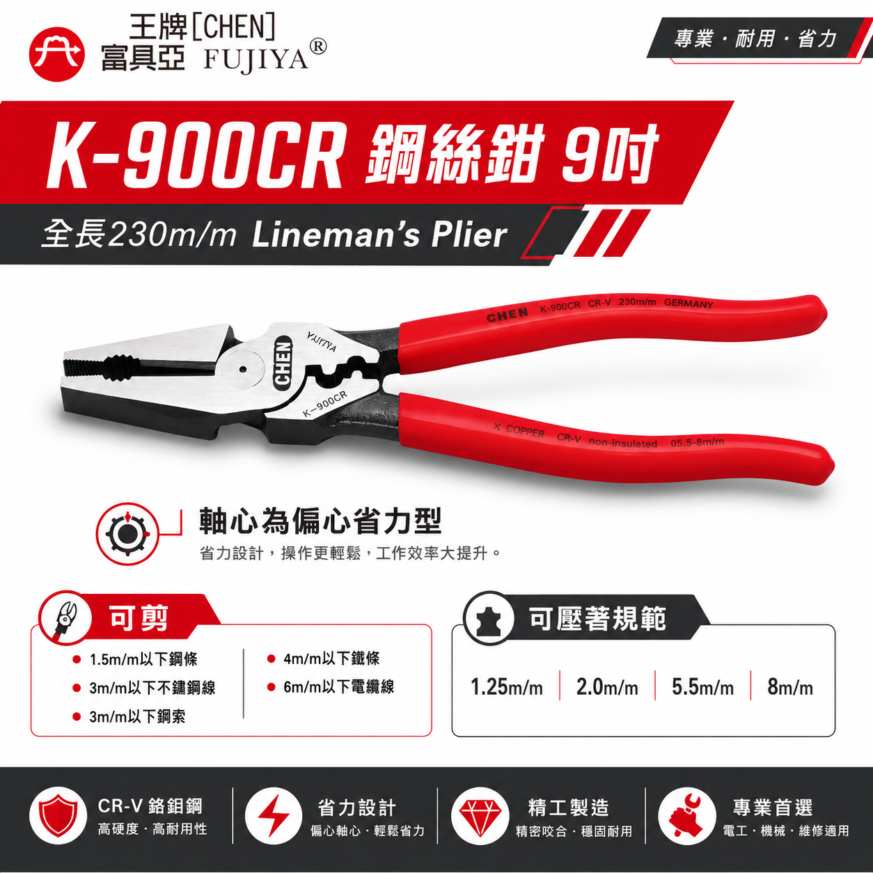 FUJIYA 富具亞 王牌｜省力型附壓著鋼絲鉗 9'' 鋼條 不鏽鋼線鉗 不可扭轉及碰觸電流｜K-900CR