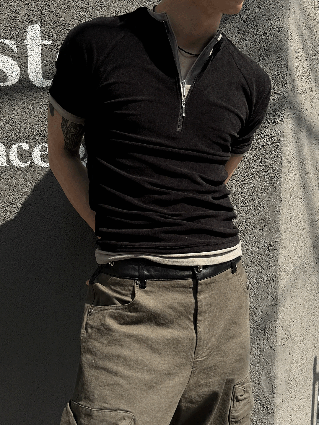 Velvet Zipper Henley Collar Muscle T-Shirt