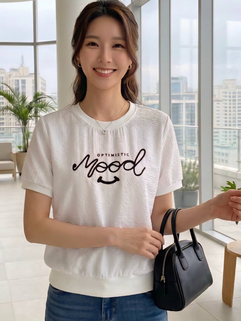 好心情微笑款異材質撞色棉T