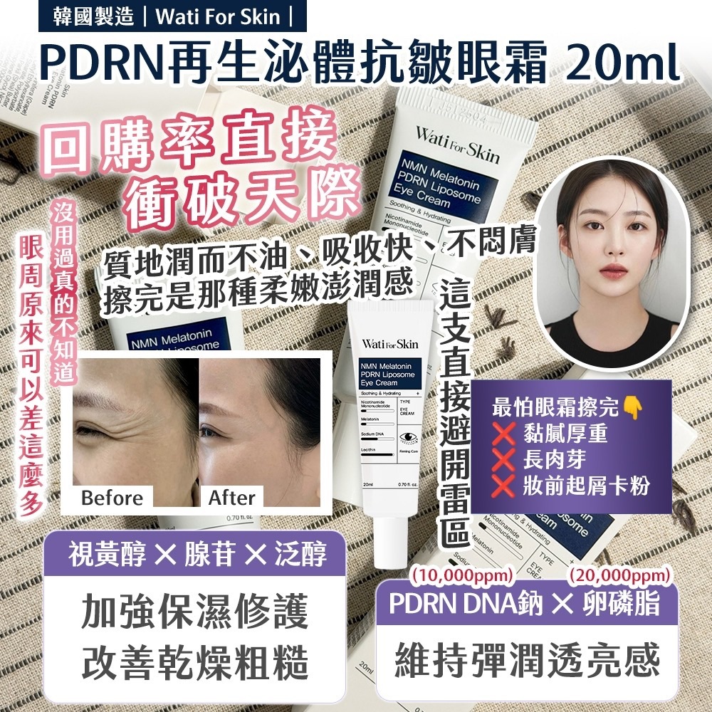 [D3214] 韓國製造｜Wati For Skin｜PDRN再生泌體抗皺眼霜 20ml（1套2支）