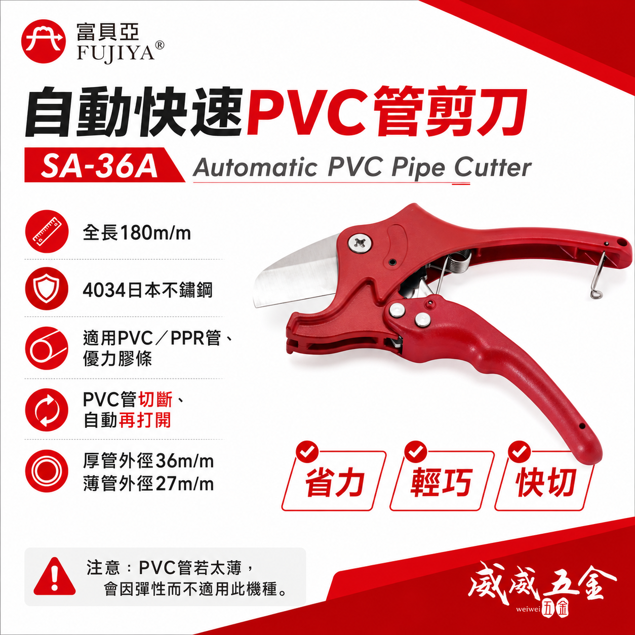 FUJIYA 富具亞 台灣製｜36mm 省力快切水管剪 PVC管優力膠條 自動快速PVC管剪刀｜SA-36A